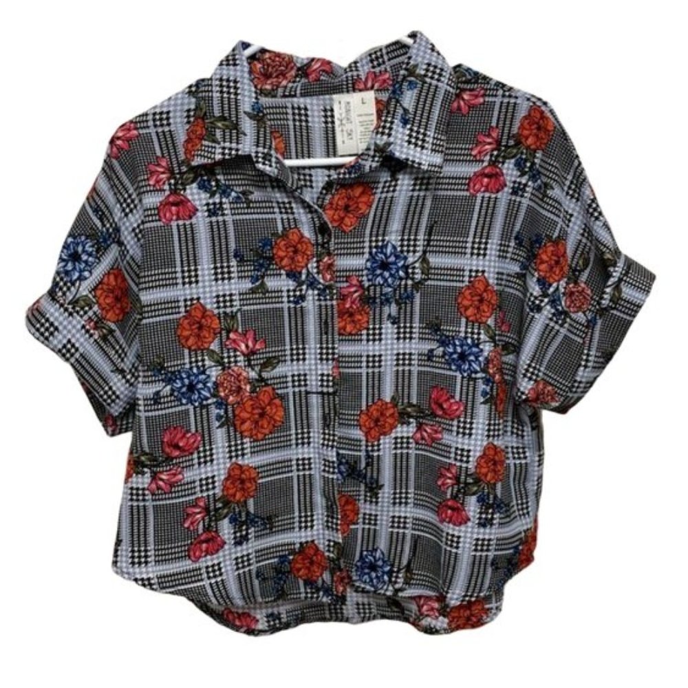 MidnightSky Houndstooth Floral Short Sleeve Blouse